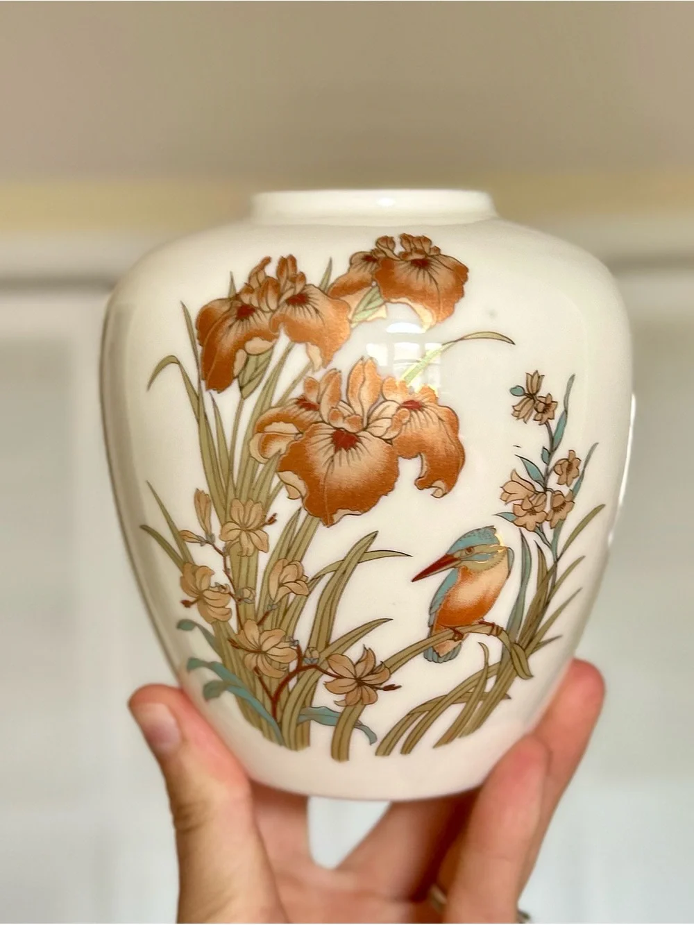 White Ceramic Vase with Brown and Beige Florals and Bird Design